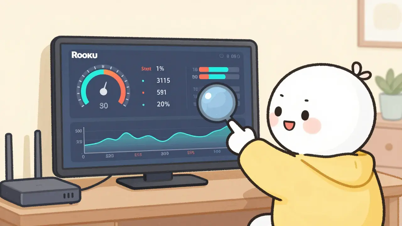 Cartoon character examining network test results on Roku screen with speedometer and signal bars