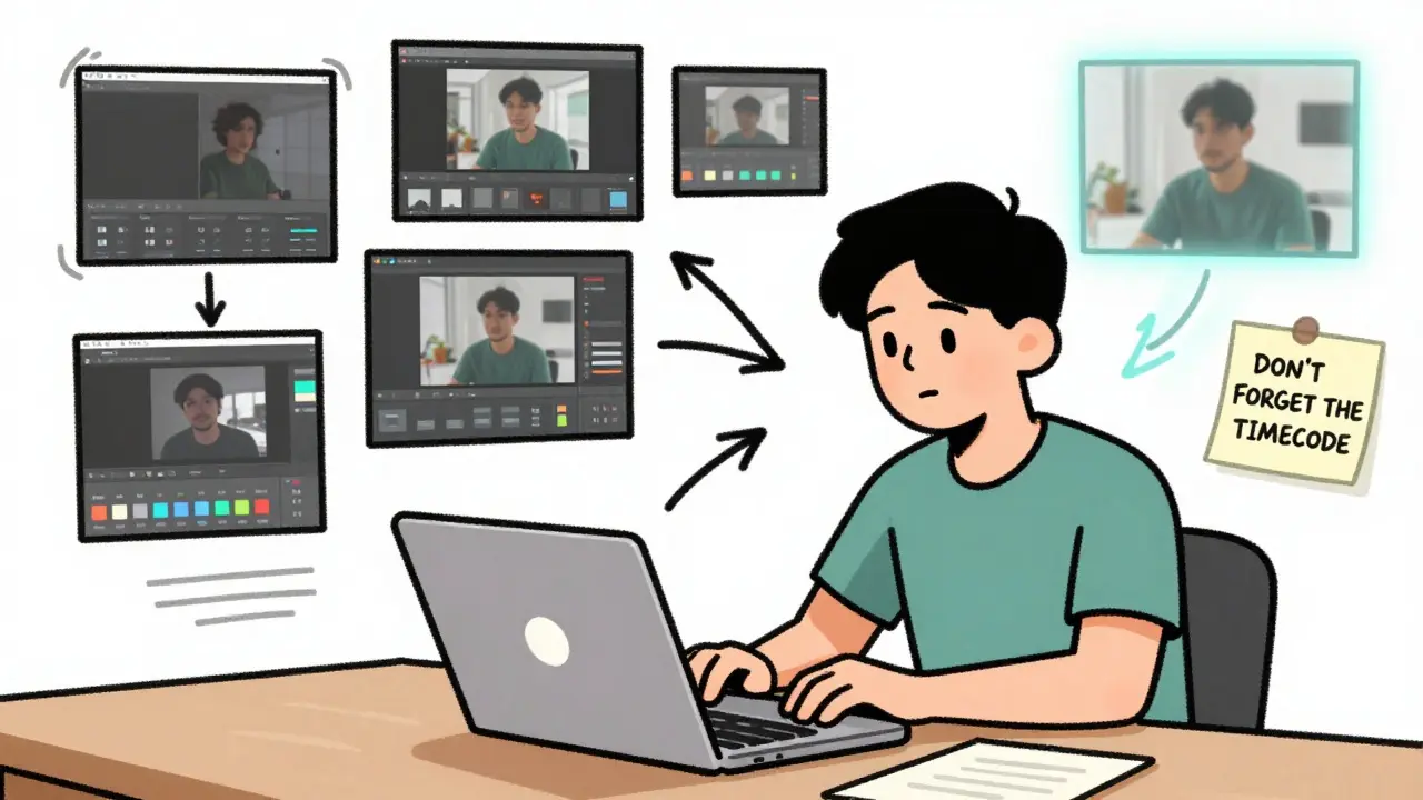 Editor editing with low-res proxy clips beside glowing high-res originals, sticky note with timecode warning visible.
