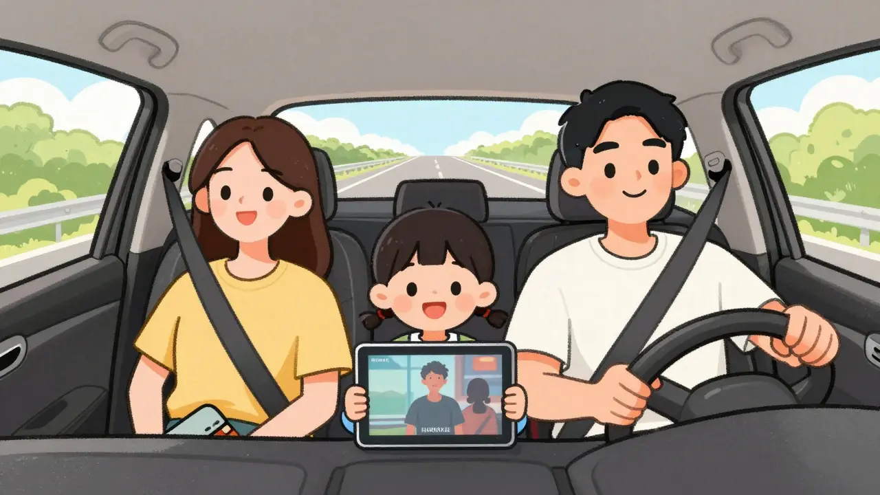 Family watching downloaded movie on tablet during road trip in car