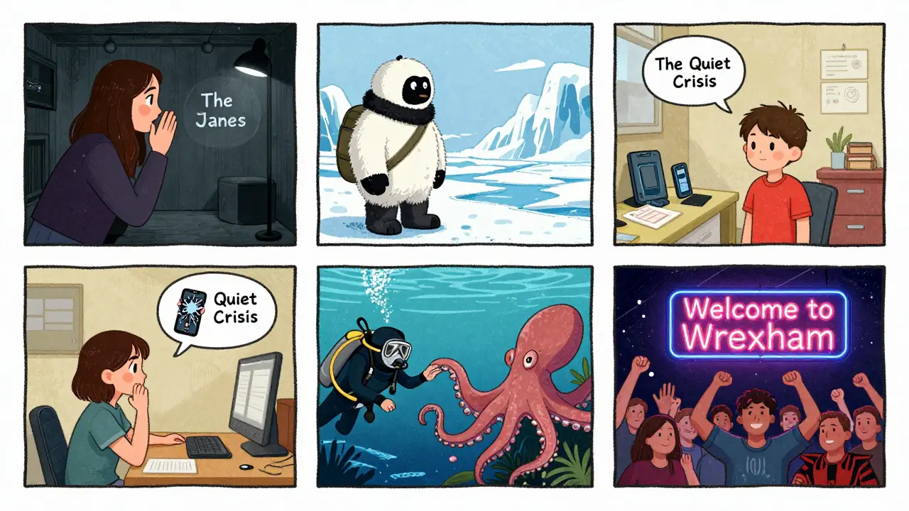 Five diverse documentary scenes: a basement meeting, melting ice, a child in therapy, a diver with an octopus, and a football crowd.