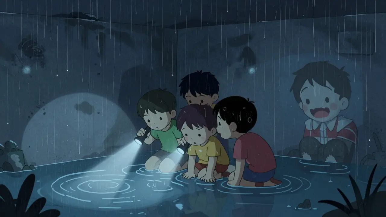 Four children in a flooded basement, their flashlight beams trembling as a distorted reflection smiles in the water.