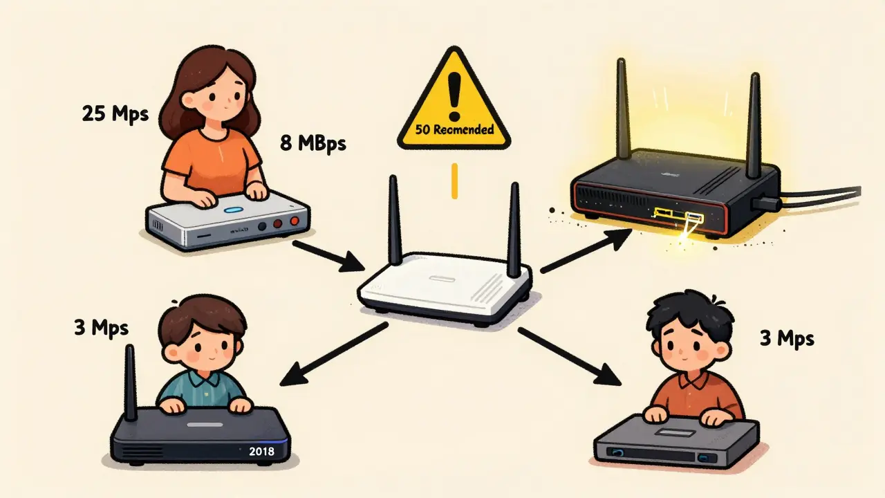 Household network diagram showing bandwidth needs for multiple Netflix users and router comparison.