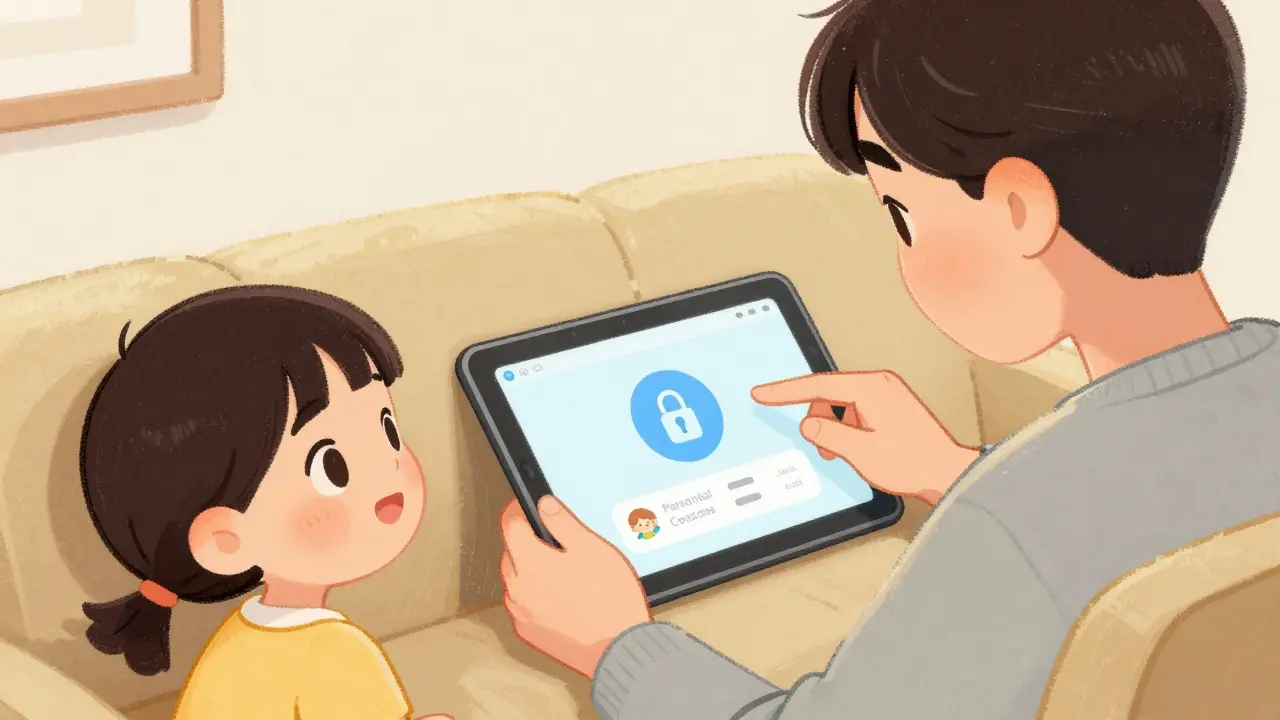 Parent configuring parental controls on device with lock icon for child's profile