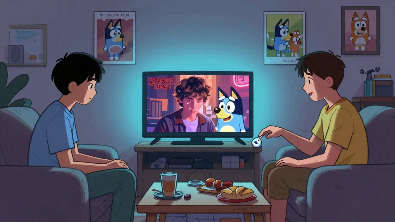 Siblings watch different Netflix shows on separate screens while snacks litter the couch.