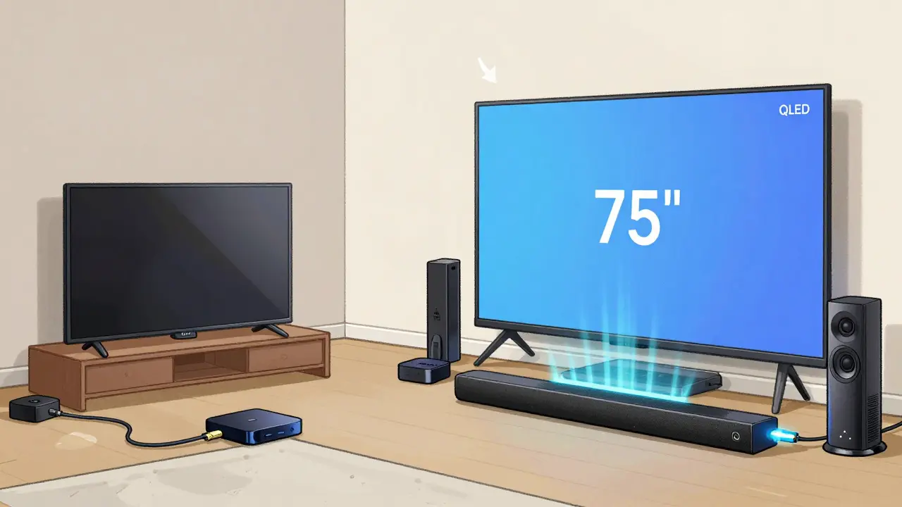 Side-by-side comparison of a poor vs. optimized home theater streaming setup with HDMI eARC connections.