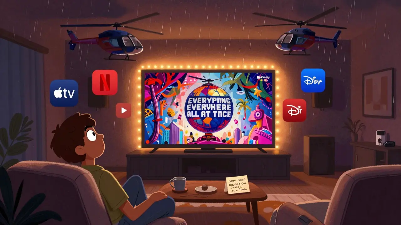 Someone immersed in a cinematic scene with floating streaming service logos and warm lighting behind the TV.