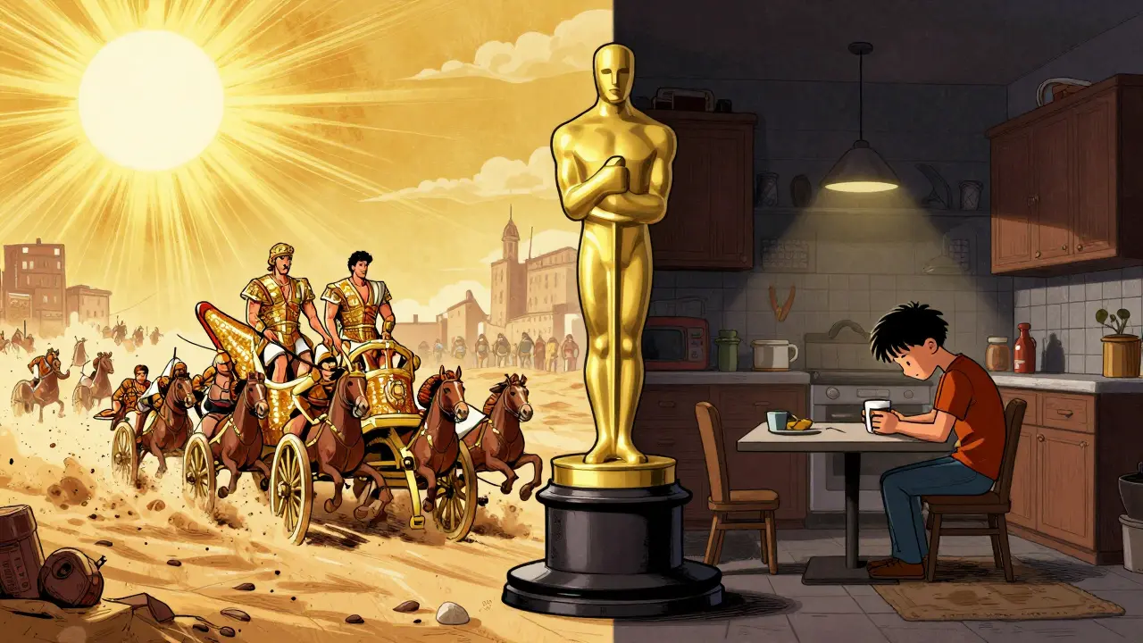 Split scene: grand Ben-Hur chariot race vs. quiet Marty kitchen moment, both framed by an Oscar statuette.