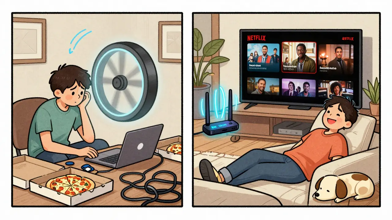 Split scene: one side shows a frustrated person with buffering video, the other shows them relaxed watching a show on a smooth Wi-Fi connection.