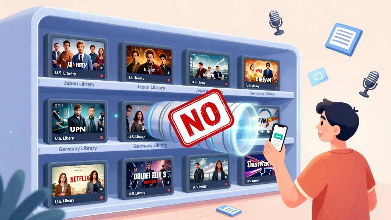 Streaming shelves with region-specific content libraries blocked by a VPN denial stamp.