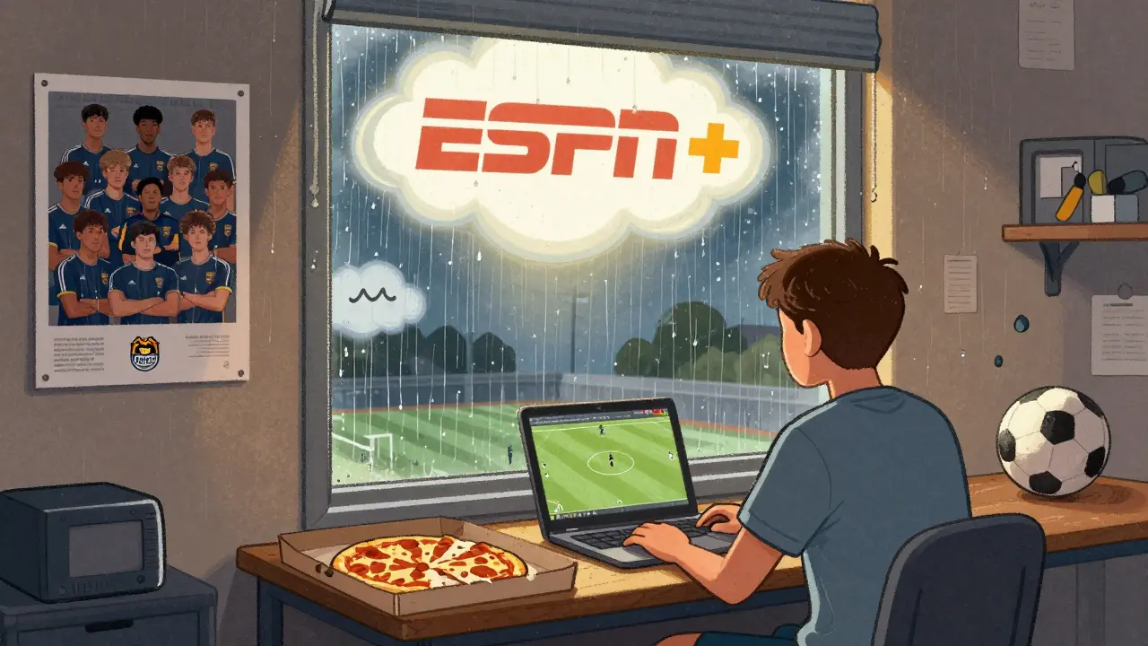 Student watching Division III soccer match in dorm room, ESPN+ logo glowing in sky
