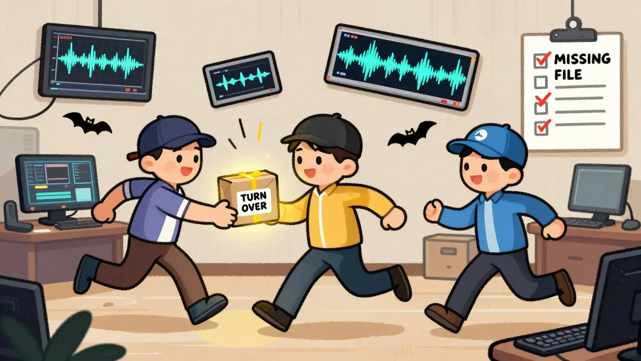 Three post-production team members passing a turnover package in a relay, with digital files flying between them.