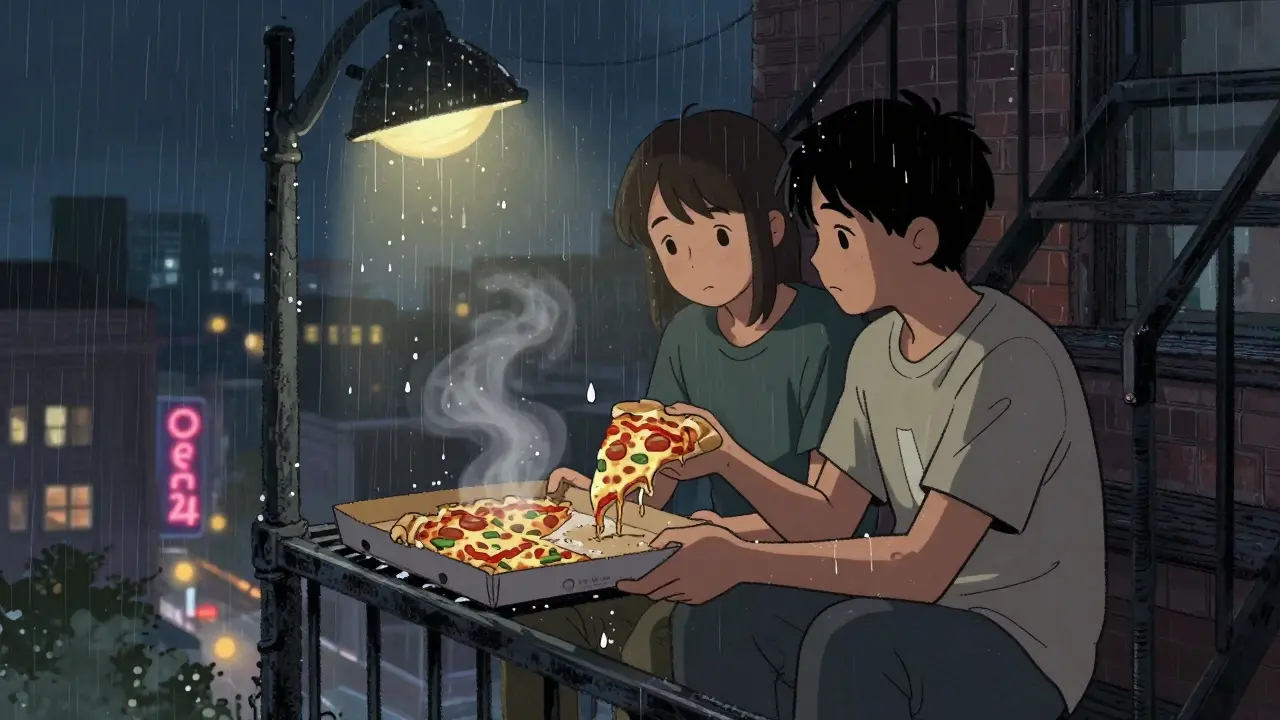 Two former rivals sharing pizza on a rainy fire escape, their shoulders nearly touching as city lights glow behind them.