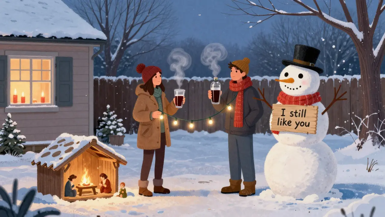 Two neighbors fixing holiday lights together in the snow, one holding a snowman sign that says 'I still like you'.