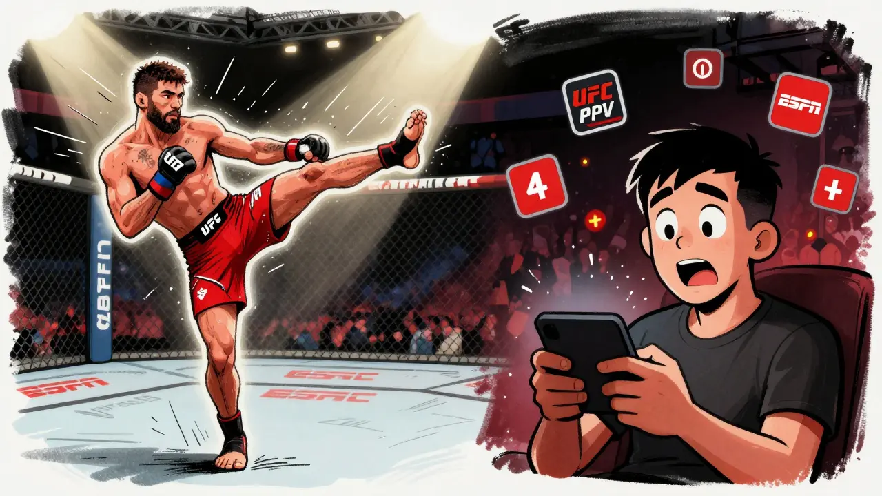 UFC fighter in action with fan watching on phone, ESPN+ icons floating nearby
