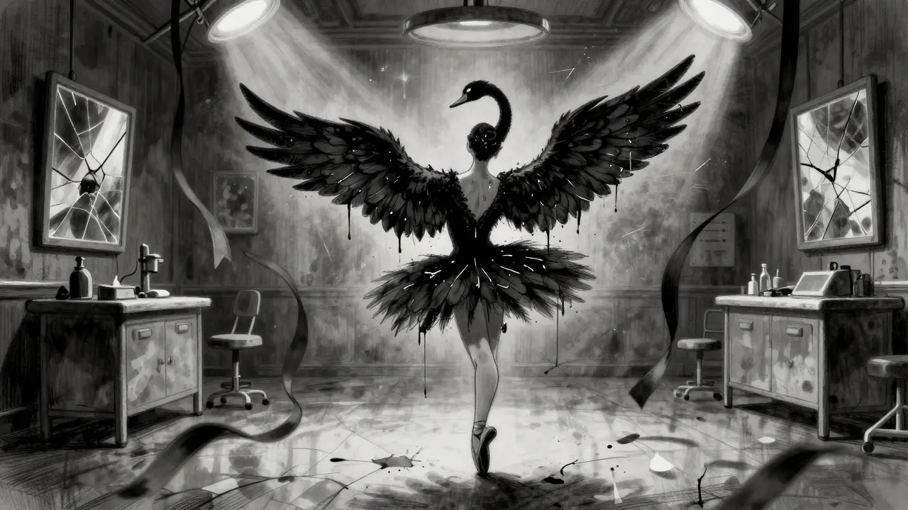 A ballerina's back as a black swan's wing emerges through cracked skin, blood and sweat dripping in a warped ballet studio.