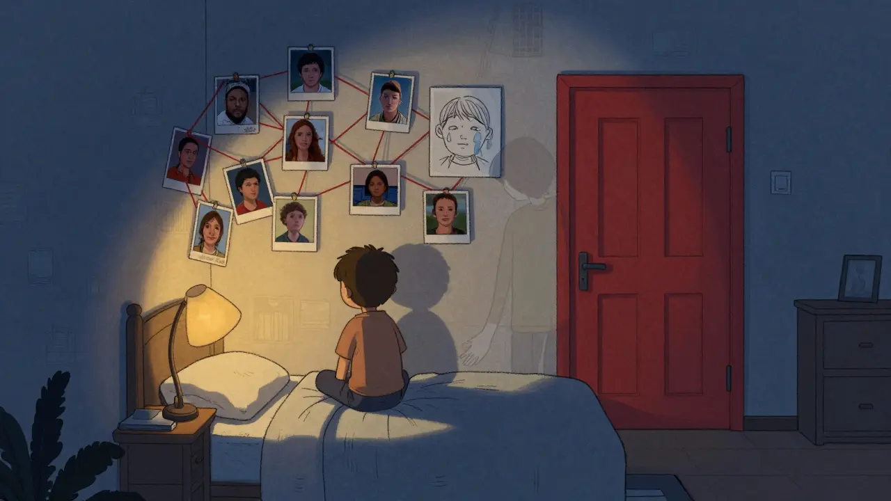 A boy sits on a bed surrounded by red strings and a child’s drawing, with a faint ghostly figure behind him.