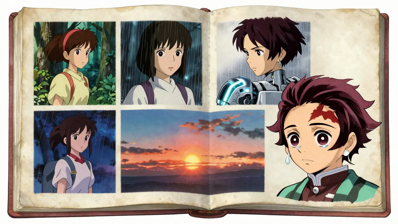 A collection of iconic anime scenes from Princess Mononoke, Ghost in the Shell, and Your Name appear as living pages in an open book.
