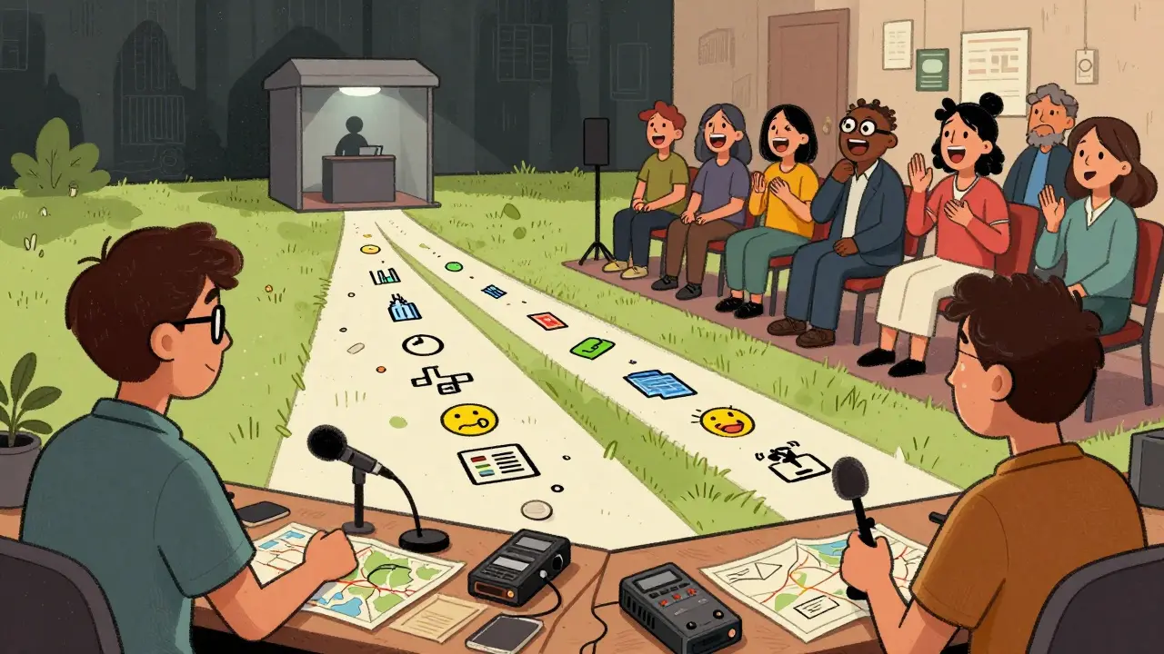 A filmmaker choosing between two paths: one leading to a silent narrator booth, the other to a lively human-centered interview setting.