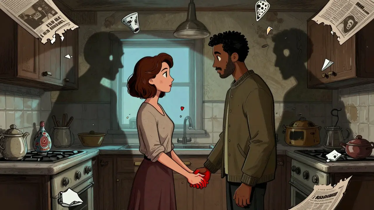 A German woman and Moroccan man holding hands, their shadows twisted by societal pressures in a dim kitchen.