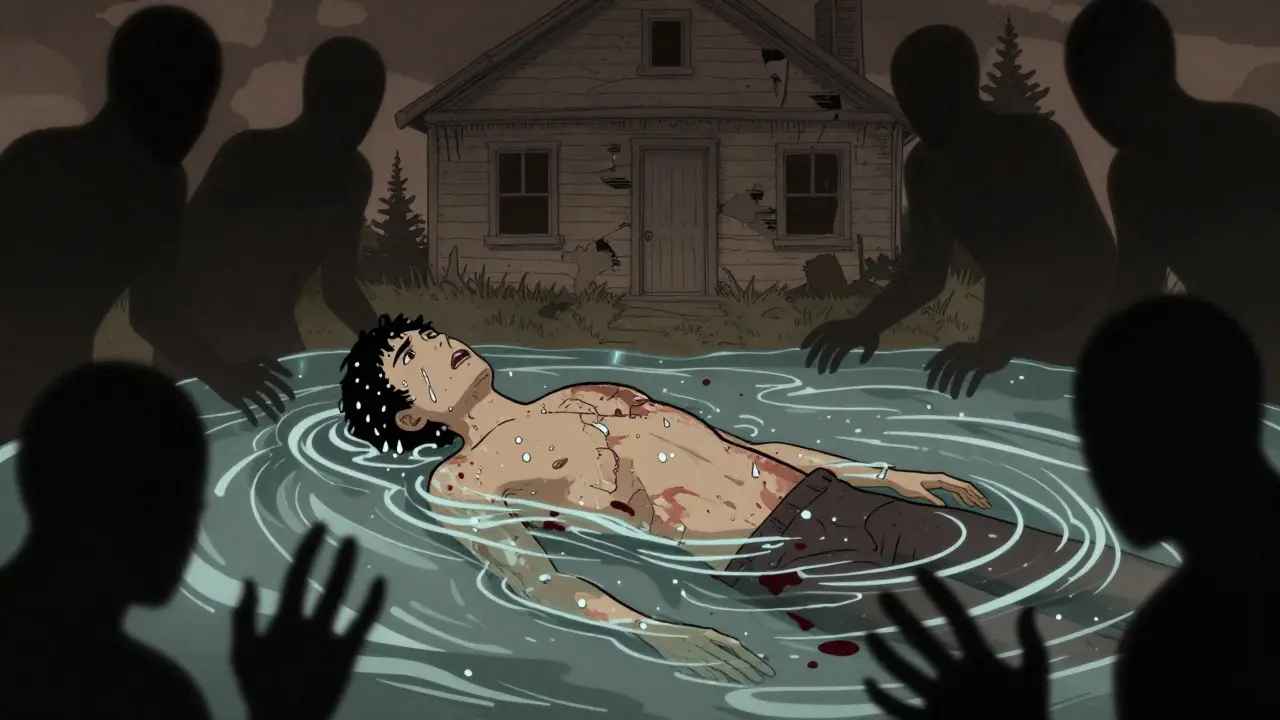 A human body submerged in water, blood, and tears, surrounded by faceless figures, skin peeling away in a decaying room.