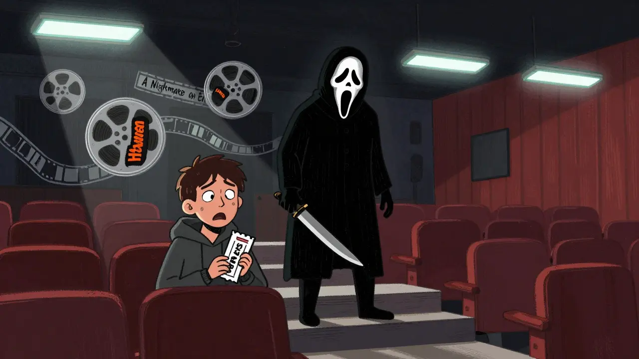 A masked killer stands above a teen holding a 'Scream' ticket, with floating horror movie reels in the background.