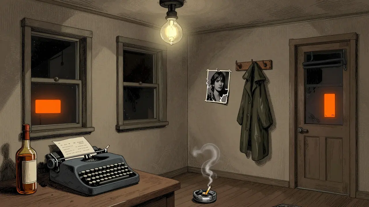 A noir detective's apartment with low ceilings, a flickering bulb, and intimate details like a half-smoked cigarette and torn photo.