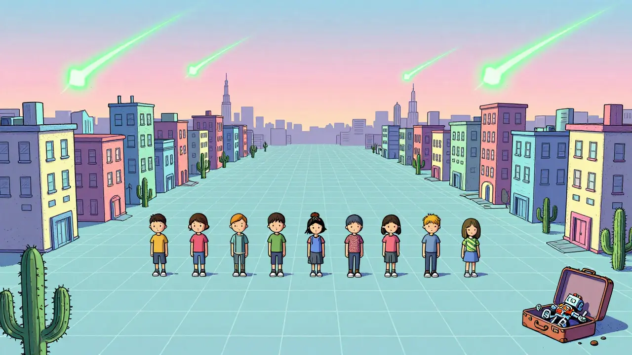 A perfectly ordered 1950s desert town under a pastel sky, with uniformed people and glowing green meteors.