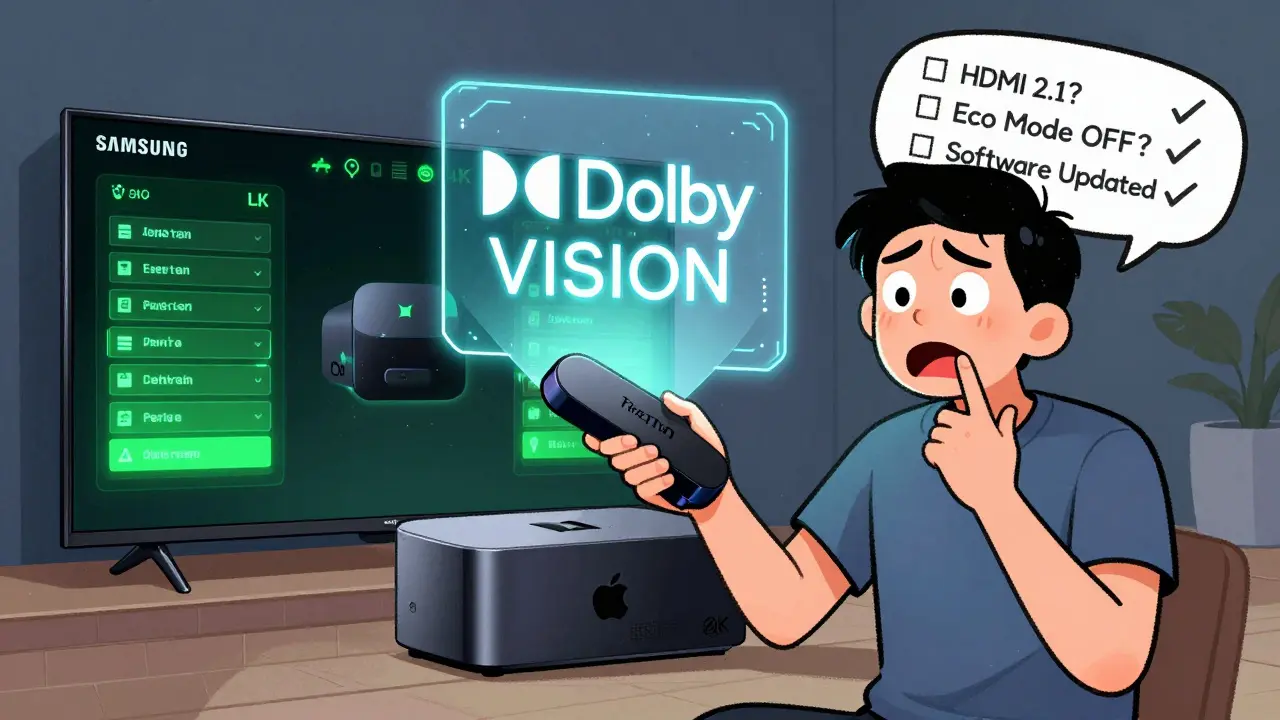 A person comparing old and new streaming devices, with a checklist and TV settings glowing green to confirm HDR is active.
