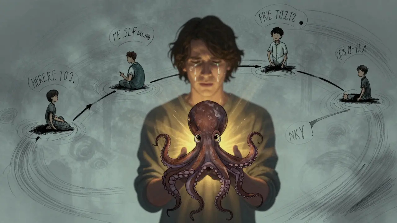 A person holding an octopus with emotional light radiating, while ethereal ink lines of narration flow above, blending personal truth with context.