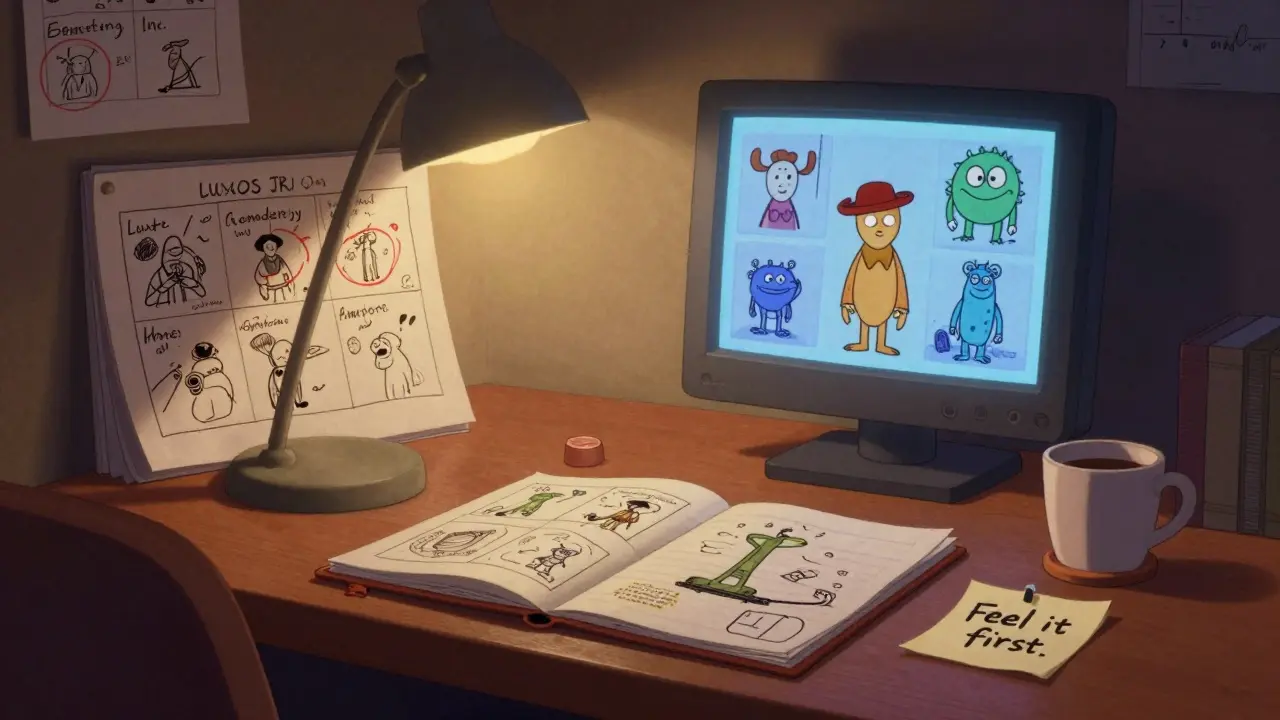 A Pixar studio desk in the 90s with sketchbooks, a glowing monitor, and handwritten story notes.
