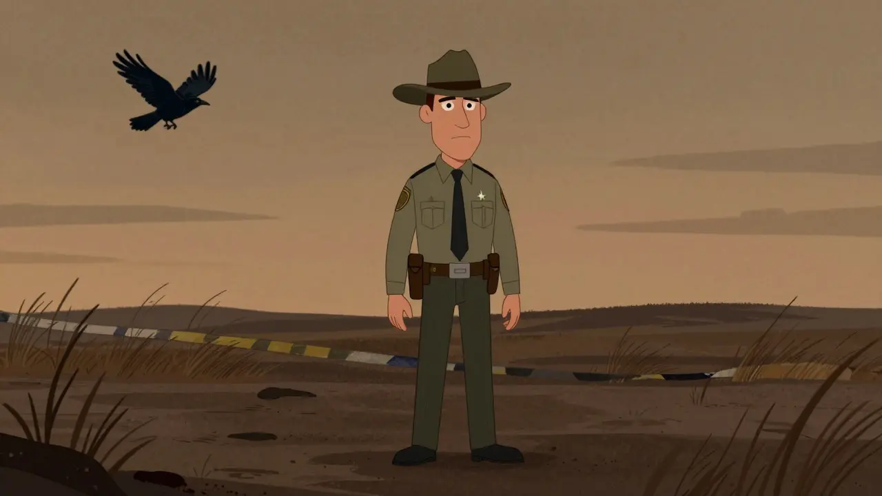 A sheriff stands alone at a silent crime scene, the weight of unsaid truths in the empty landscape.