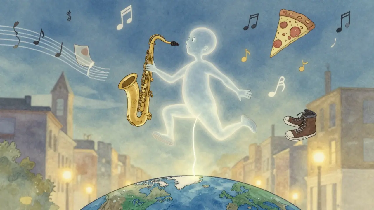 A soul floating in the Great Before, surrounded by abstract memories of everyday joys.