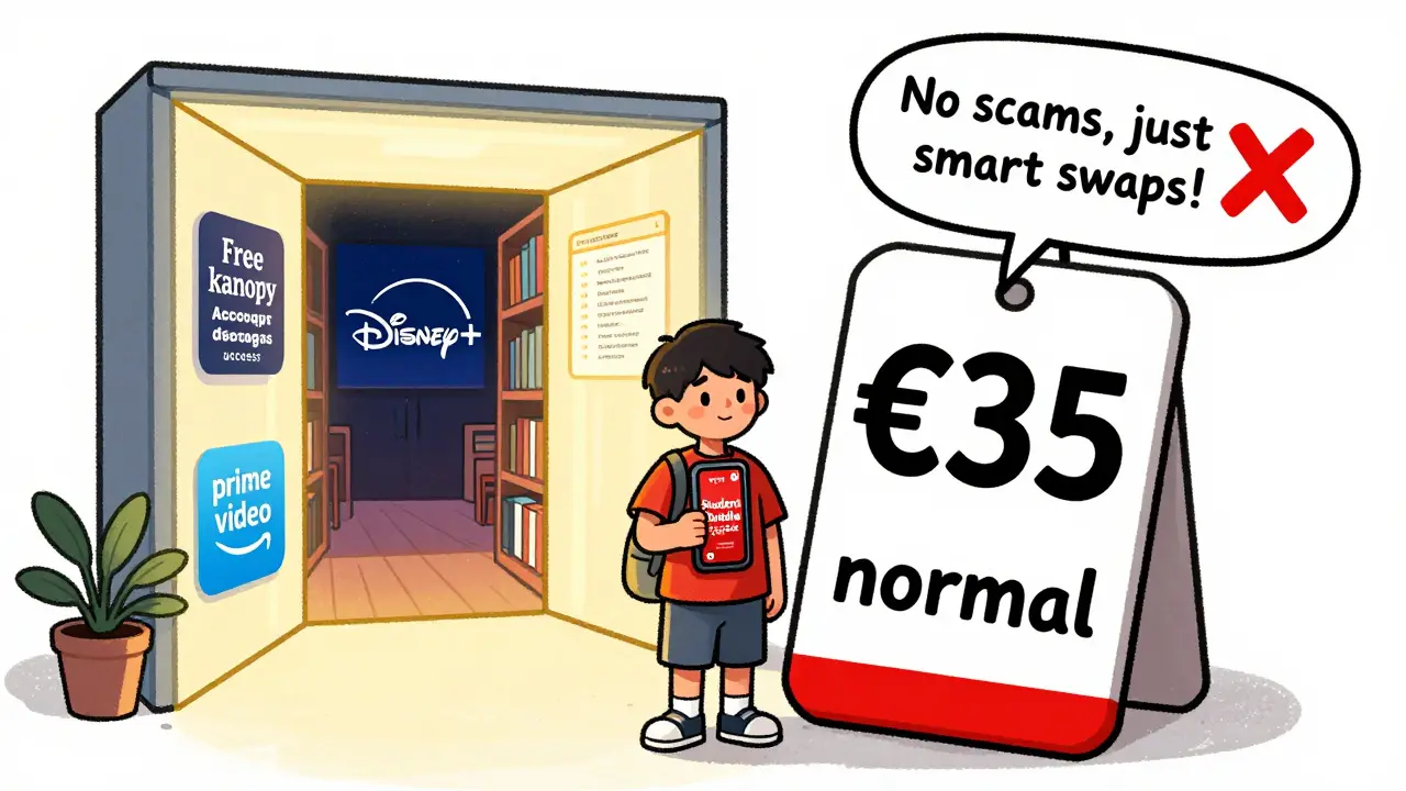 A student holding a telecom bundle ad for Netflix, with free alternatives like Kanopy and Disney+ glowing behind them.