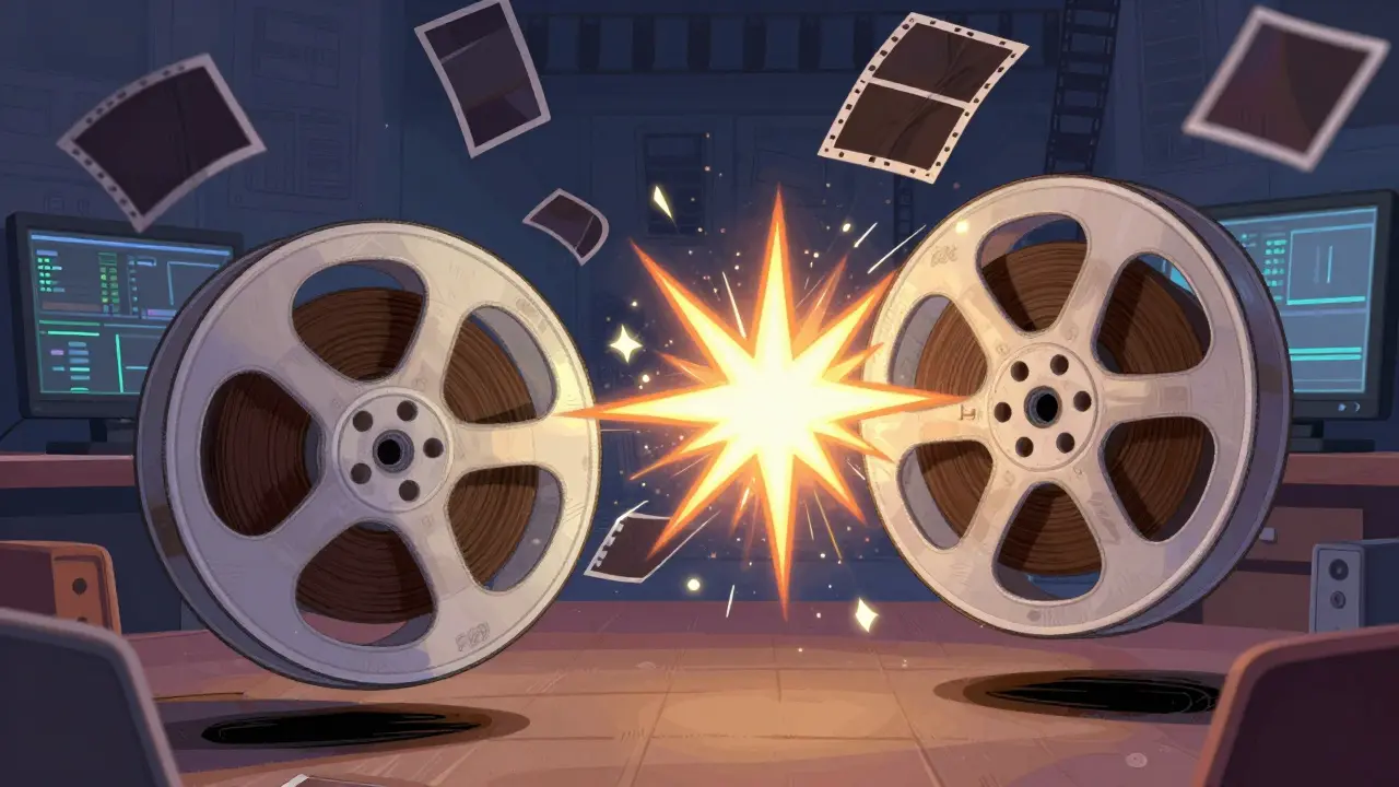 Abstract illustration of film strips colliding to represent editing theory.