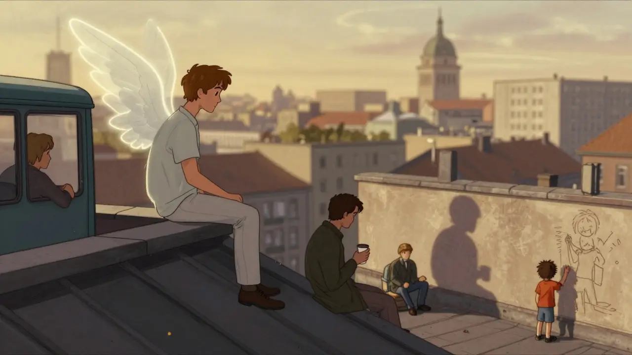 An angel on a Berlin rooftop listening to quiet human thoughts as golden light bathes the city below.