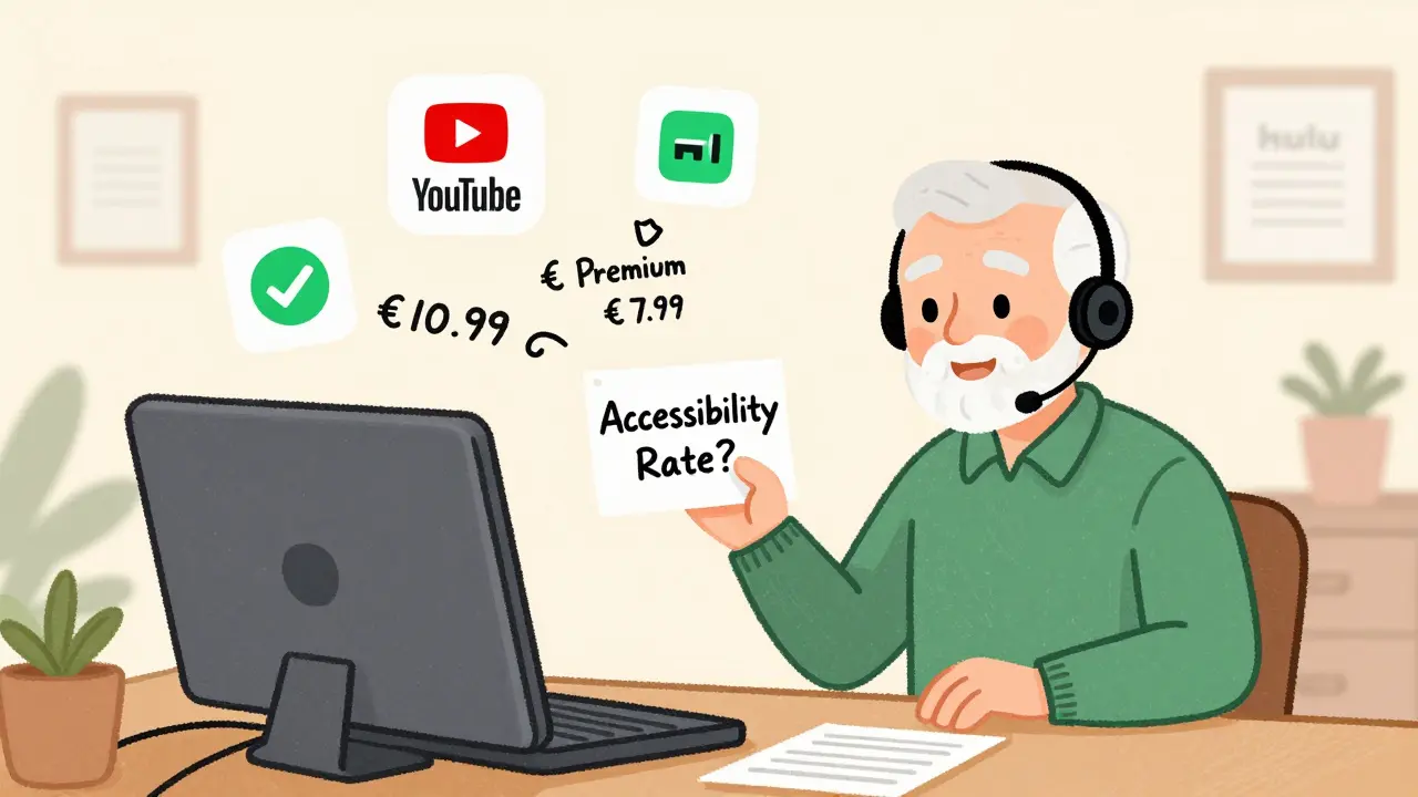 An elderly man on a video call with customer service, receiving an accessibility discount for streaming services.