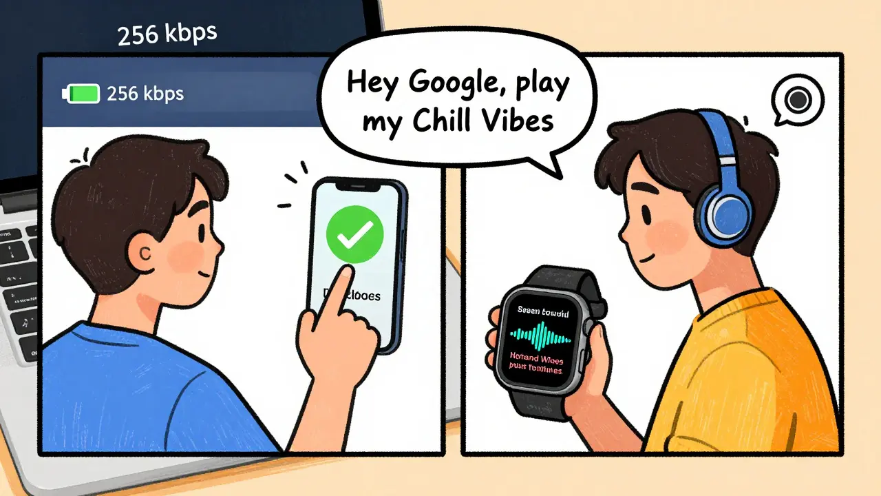 Android user downloading a song and listening on a smartwatch with real-time lyrics, Siri and Google Home icons visible in background.