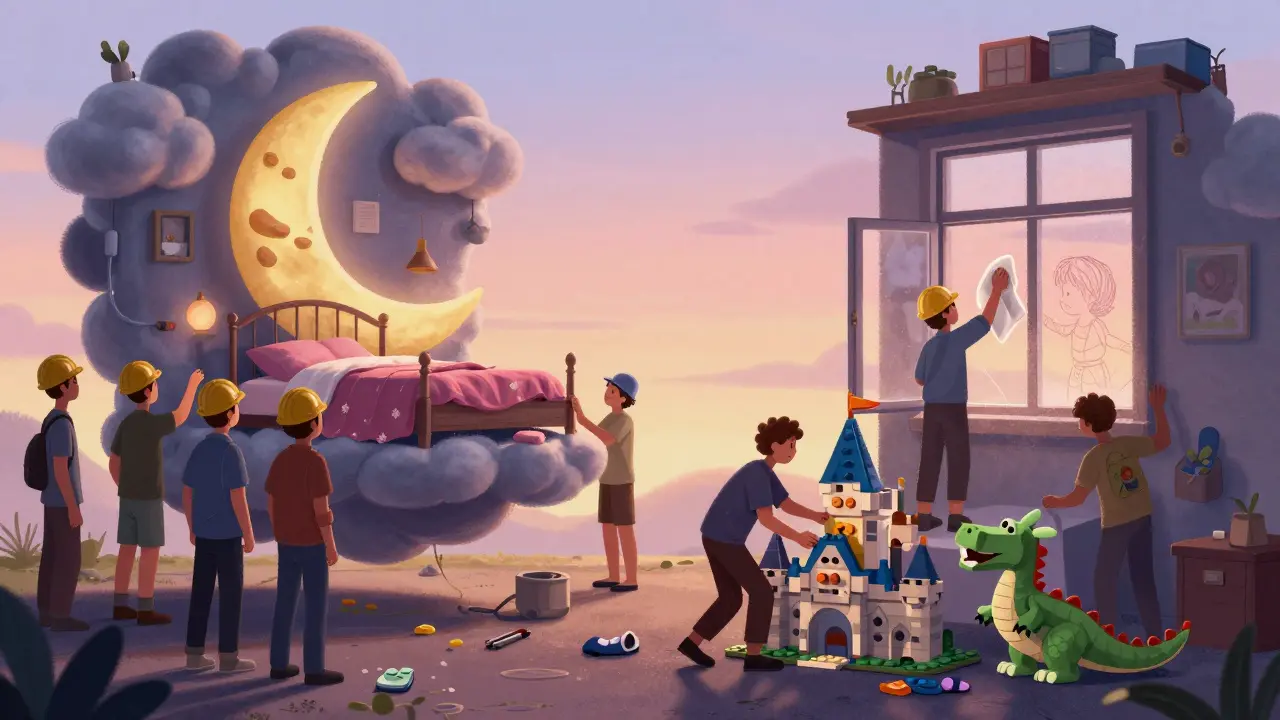 Art directors and set decorators work on a floating child's bedroom with cloud walls and scattered toys.