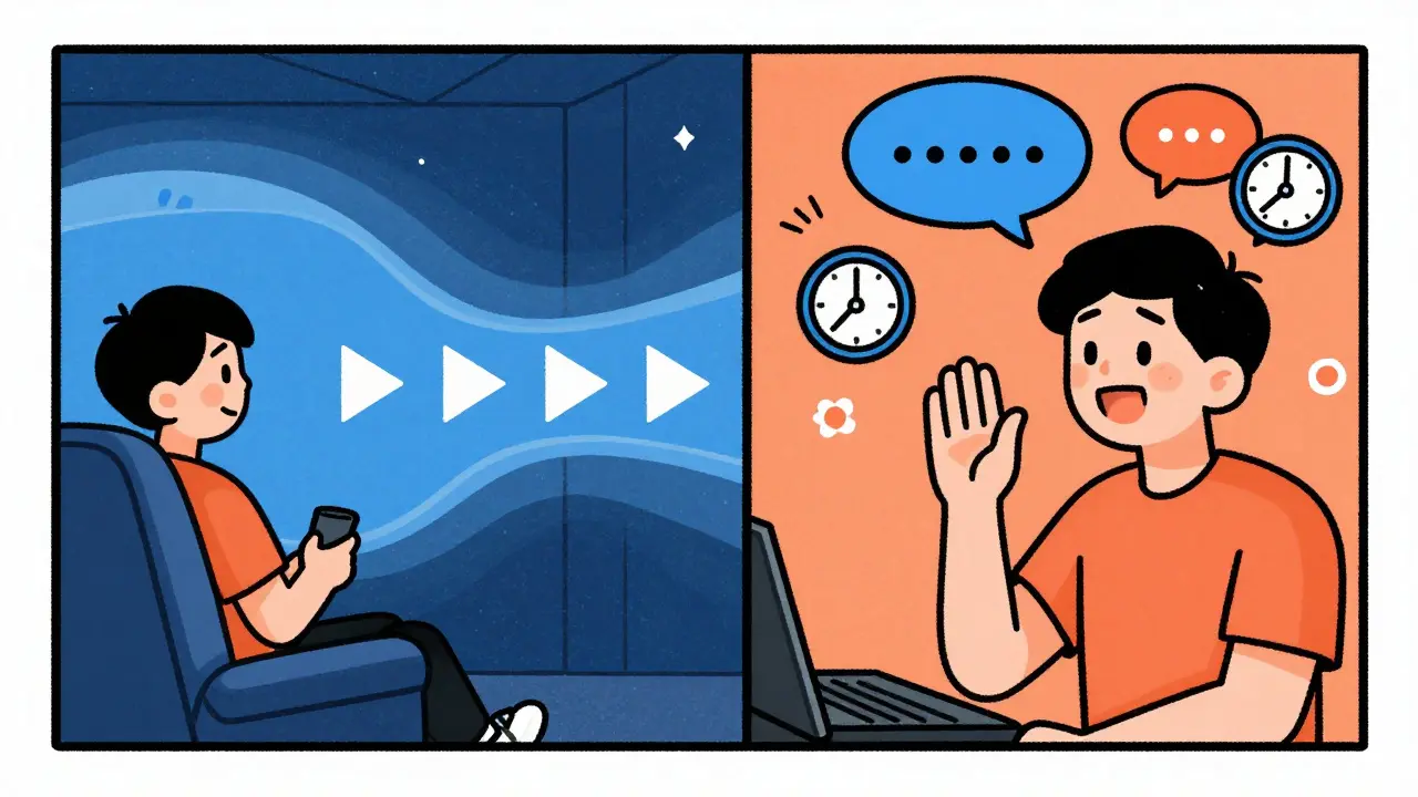 Cartoon comparison of uninterrupted viewing versus commercial breaks.