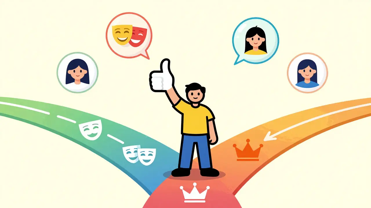 Character holding thumbs up directing colorful paths