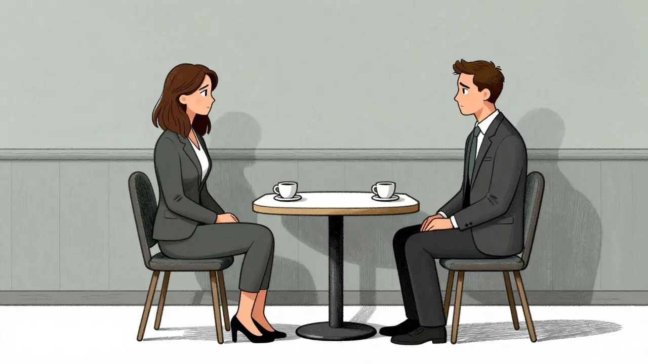 Couple at cafe, tense posture, untouched cup