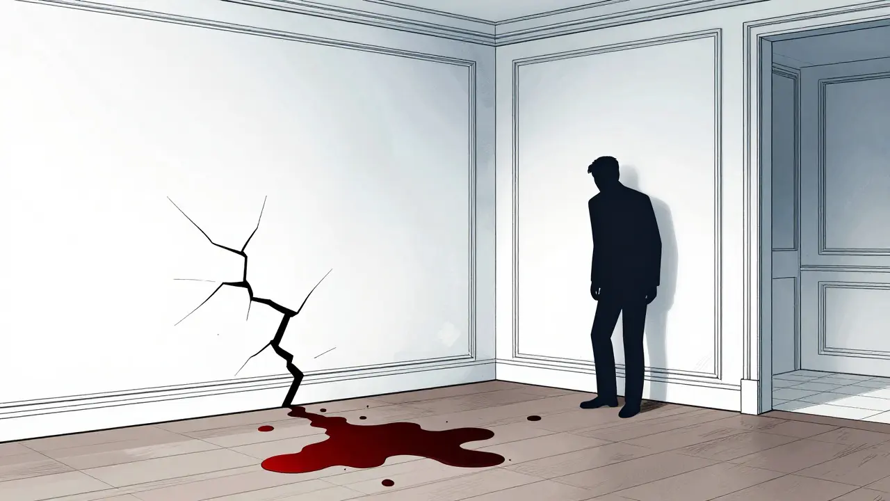 Cracked wall and wine stain on rug, satire theme