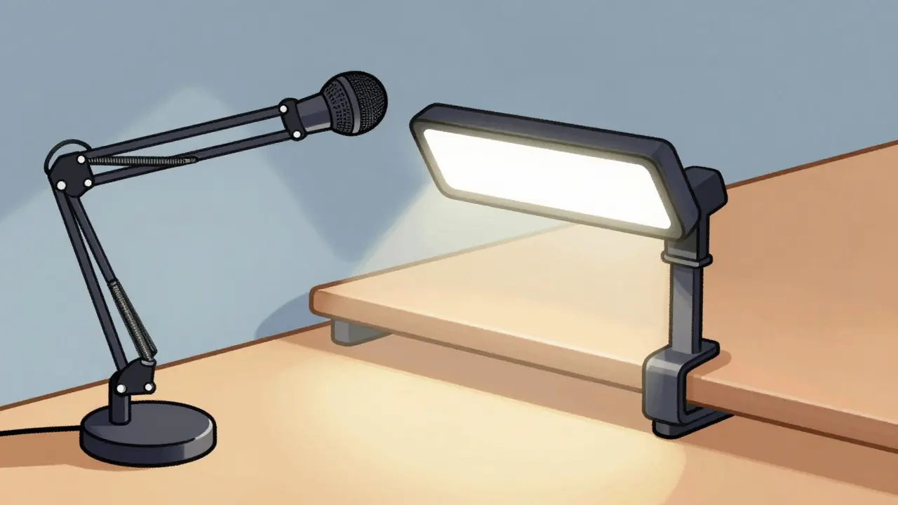 Desk clamp light and boom arm microphone in cartoon style