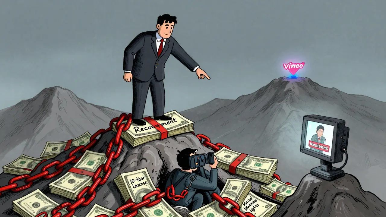 Distributor towering over filmmaker chained by a 10-year license, while Vimeo logo glows in distance.