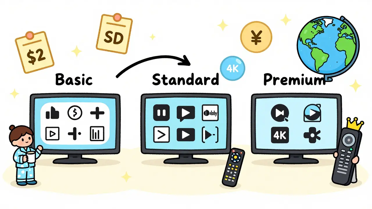 Hand-drawn comparison of Netflix tiers with icons for resolution, streams, and audio, featuring a smiling character beside each plan.