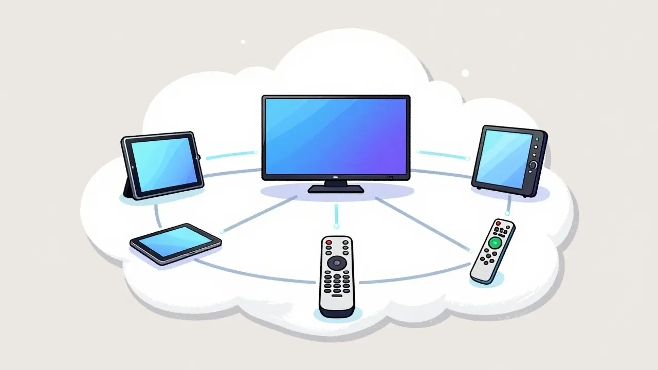 Multiple connected devices showing streaming service accessibility.