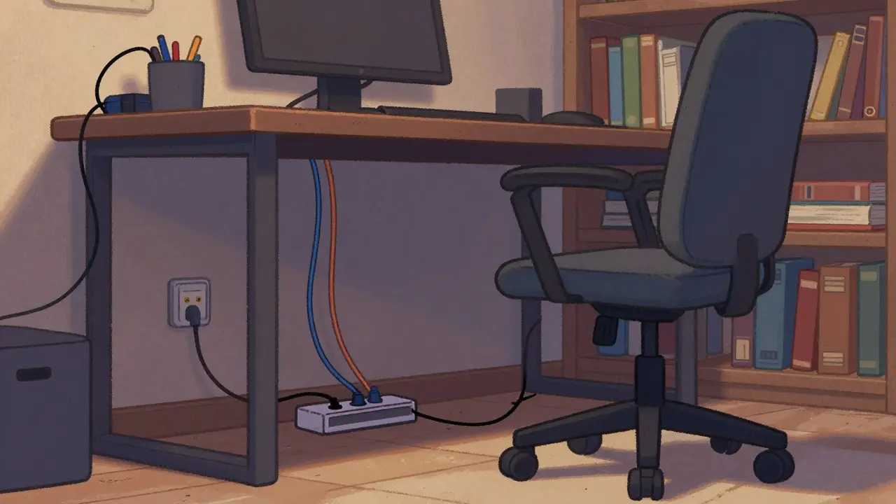 Organized cables under desk and bookshelf background for stream