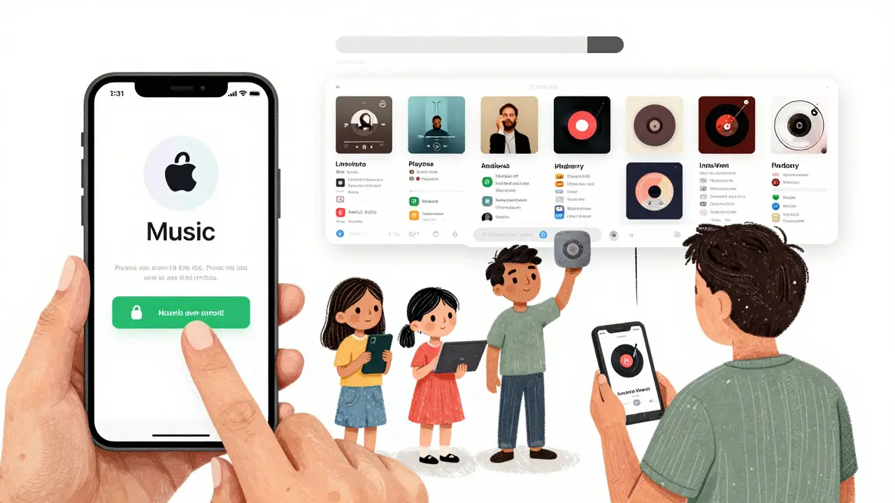 Person signing into Apple Music on Android while their music library syncs across devices, with family members streaming on different gadgets.