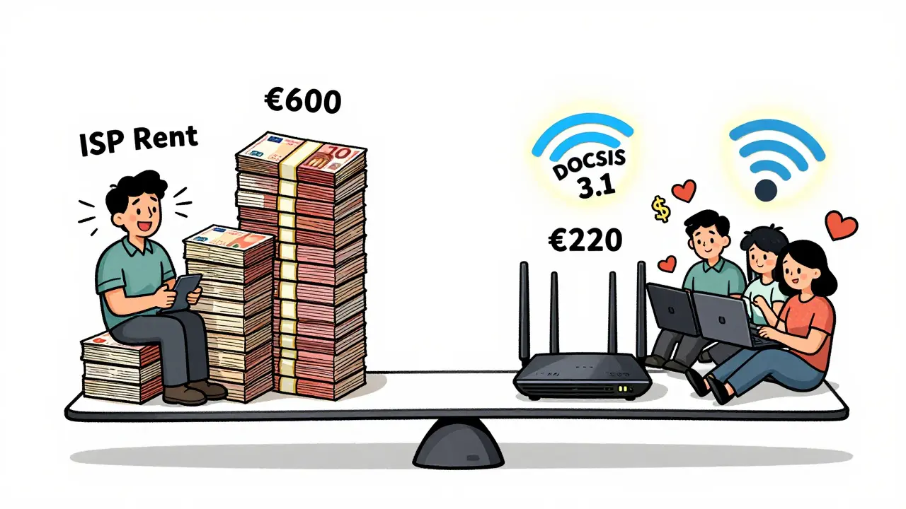 Seesaw comparison: expensive ISP rental costs vs. one-time modem and router purchase for better streaming.