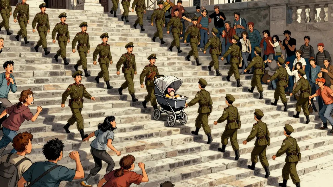 Soldiers marching down steps while civilians flee and a baby carriage tips over.